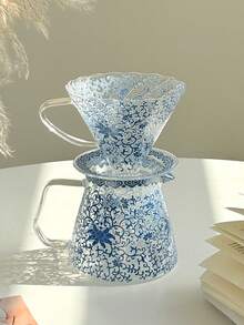 1 件经典复古手冲咖啡壶，带蓝白花滤杯的玻璃咖啡壶，滴滤咖啡壶，咖啡冲泡设备 - 藍色 - 查看 5