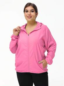 1pc Outdoor Women's Lightweight Solid Color Long Sleeve Casual Jacket, Zipper Hooded Plus Size Jacket, Water-Repellent Fabric Outerwear, Sunblock