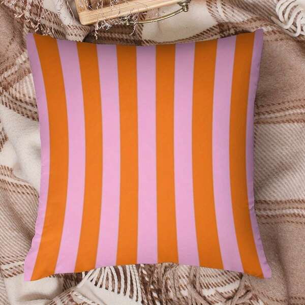 1 pieza Funda de almohada decorativa para sofá a rayas rosa y naranja - Impresa por ambos lados en poliéster con cierre de cremallera, lavable a máquina para decoración interior y exterior de sala de estar y dormitorio (el inserto de la almohada no está incluido) | Pieza decorativa vibrante | Funda de almohada de poliéster