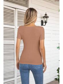 Womens Fashion Fall Cutout Long Sleeve Ribbed Slim Fitted Tops Shirts Tee Tshirts - 短卡其色 - 查看 4