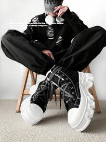 SLnU3 3 件男士时尚休闲厚底靴，朋克学院风帆布交叉带创意系带户外四季皆宜