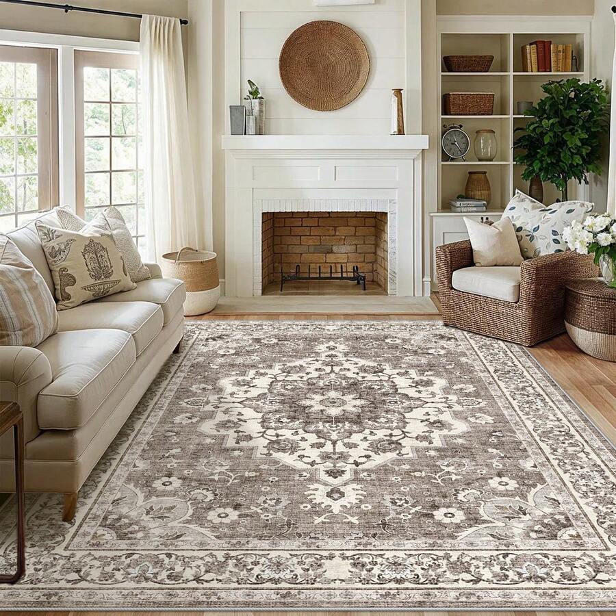 1/2 Set Washable Oriental Area Rug - Rugs For Living Room Soft Carpet For Bedroom Waterproof Floral Distressed Indoor Resistant Non-Shedding Floor Carpets-Beige - Beige - View 1