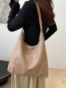 1 件女士时尚新月形编织 PU 皮革单肩包，带零钱包 - 卡其色 - 查看 3