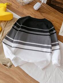 1pc Boys' School Style Color Block Striped Lightweight Knit Pullover Sweater, Suitable For Spring And Autumn - Black - View 3