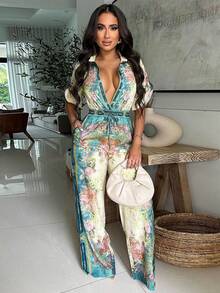 女式夏季印花度假宽松连体裤 - 藍色 - 查看 3