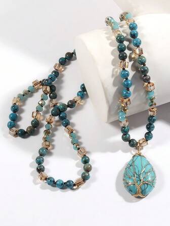 波西米亚风格生命之树吊坠项链 - 天然虎眼石，手工打造，配以椭圆形琥珀、金色点缀、黑色和棕橙色，适合男士和女士 女士项链 女士珠宝 女士配饰