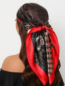 1pc Bohemian Paisley Print 35.4 Inch Square Scarf, Versatile Bandana For Women To Use As Headband, Hair Wrap, Shawl, Suitable For Casual & Street Style, Outdoor UV Protection - Black - View 3