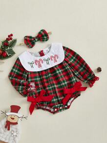 Baby Girls Christmas Plaid Romper Cute Santa Claus Embroidery Long Sleeve Doll Collar Jumpsuit With Bow Headband