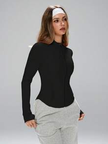 FWH 女士时尚设计小立领户外跑步瑜伽运动休闲风面料舒适弹力视觉塑形收腰基础百搭青春防晒运动夹克长袖 - 黑色 - 查看 5