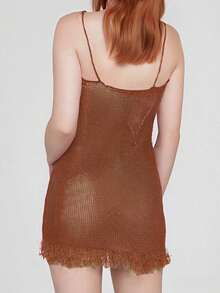 Women Knit Sleeveless Dress Summer Frayed Hem Solid Color Mini Bodycon Party Dress For Vacation Beach Streetwear - 橘色 - 查看 8