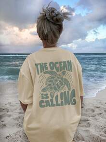 女士夏季度假海洋生物字母印花圆领T恤，图案T恤，白色、黑色、粉色