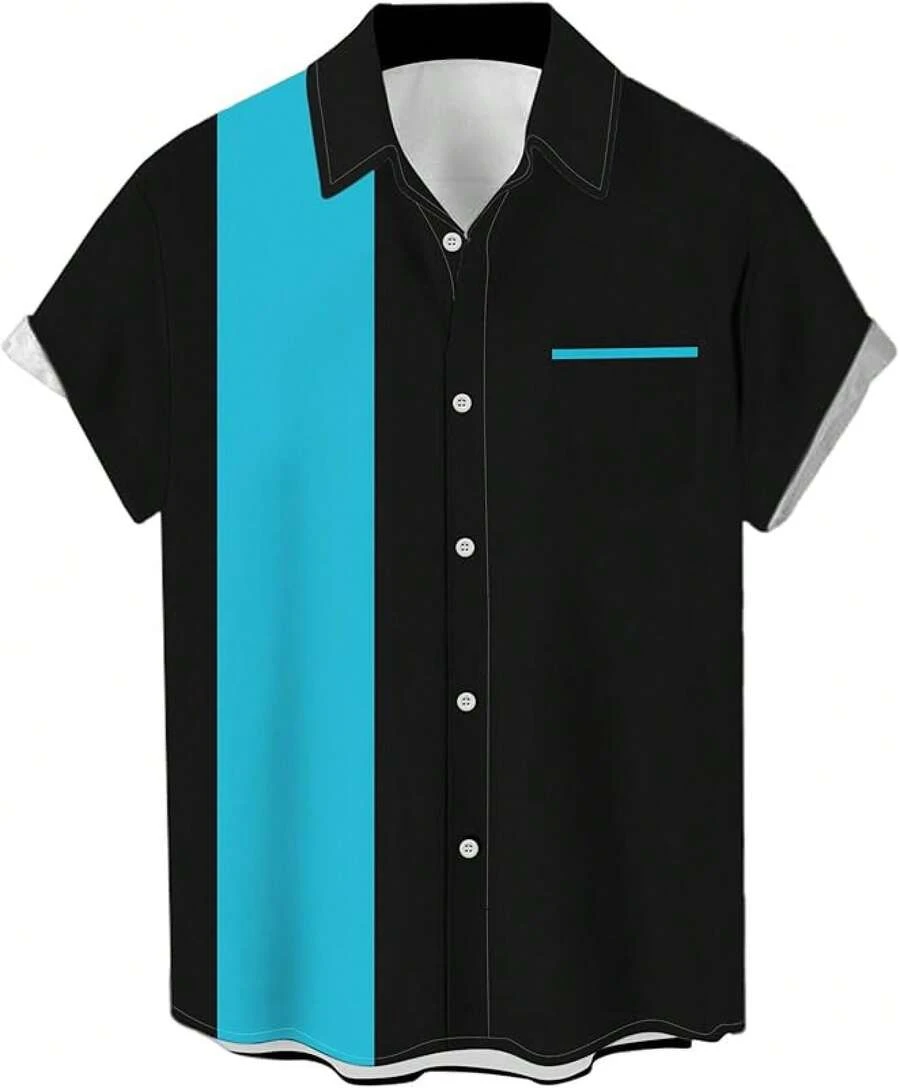 Vintage 1950s Casual Short Sleeve Button Up Contrast Summer Color Block Cuban Bowling Shirts Men - 藍色環礁和黑色 - 查看 1