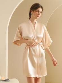 女士真丝睡袍，轻盈开襟长款睡袍，适合新娘、朋友、居家及酒店穿着。 - 香檳色 - 查看 7