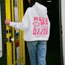 [Cotton Blend] Cute Pink Flower Hoodie For Wo Preppy Sweatshirts  Puff Print Letter Graphic Hoodies Casual Pullover Tops- Unisex Women's & Men's Daily Wear - 白色 - 查看 2