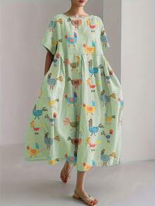 Plus Size Fun Cartoon Chicken Pattern Dress - Flowing Silhouette & Round Neckline With Pocket Design, Casual Style - 淺綠色 - 查看 1
