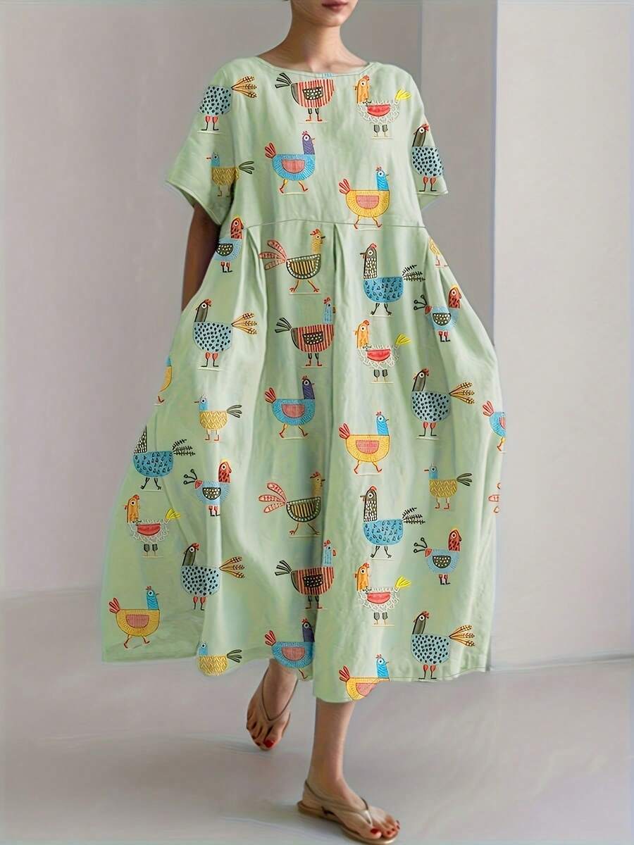 Plus Size Fun Cartoon Chicken Pattern Dress - Flowing Silhouette & Round Neckline With Pocket Design, Casual Style - 淺綠色 - 查看 1