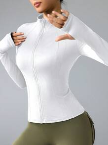 Women's Stand Collar Fitted Sports Jacket, Zipper Closure, Thumb Hole, Daily Wear, Fitness, Running, Yoga - White - View 3