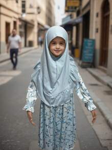 Detachable Two-Layer Headscarf Children Set, Convenient Design For Kindergarten Daily Activities. Middle Eastern Muslim Little Girls' Robe (Multi-Color Options), Soft & Skin-Friendly For Toddlers. Cute Muslim Girls' Prayer Dress, Traditional Arabic Style Abaya, New Fashionable Muslim Girls Set, Breathable & Loose (4-8 Years Old)