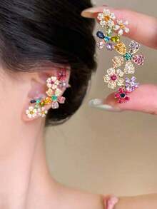 1 Pair Fashion Party Colorful Floral Crystal Glass Luxury High-End Niche Design Cartilage Clip Earrings, Unique Beautiful Exaggerated Elegant Women Earrings - 豐富多彩的 - 查看 1