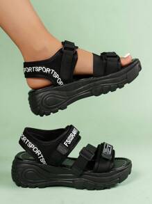 Casual Fashionable Versatile Simple Hook And Loop Webbing Women Sandals, White/Black Thick Bottom Hook&Loop Sandals, Suitable For Casual, Beach, School
