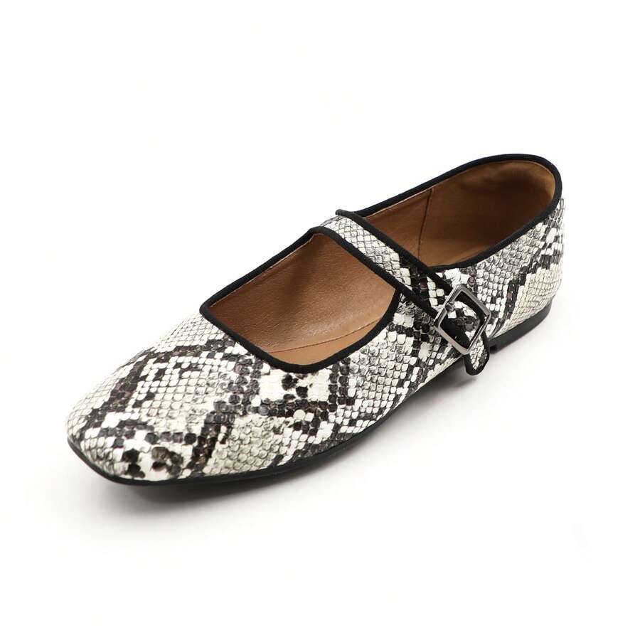 Mary Jane Flat Shoes Round Toe Ballet Flats For Women Dressy Fabric Business Flats Comfortable Classic Strap Flats For Office JUJU-1 - SNAKE - 查看 1