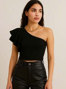 Cropped Off Shoulder Long Sleeve Ruffle Blouse One Sleeve Elegant - Black - View 8