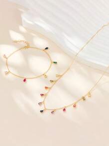 1 Pc S925 Sterling Silver Bracelet Necklace Artificial Zirconia Water Drop Geometric Shape, Fashionable And Elegant Bohemian Style Daily Wear Jewelry - Multicolor - View 1