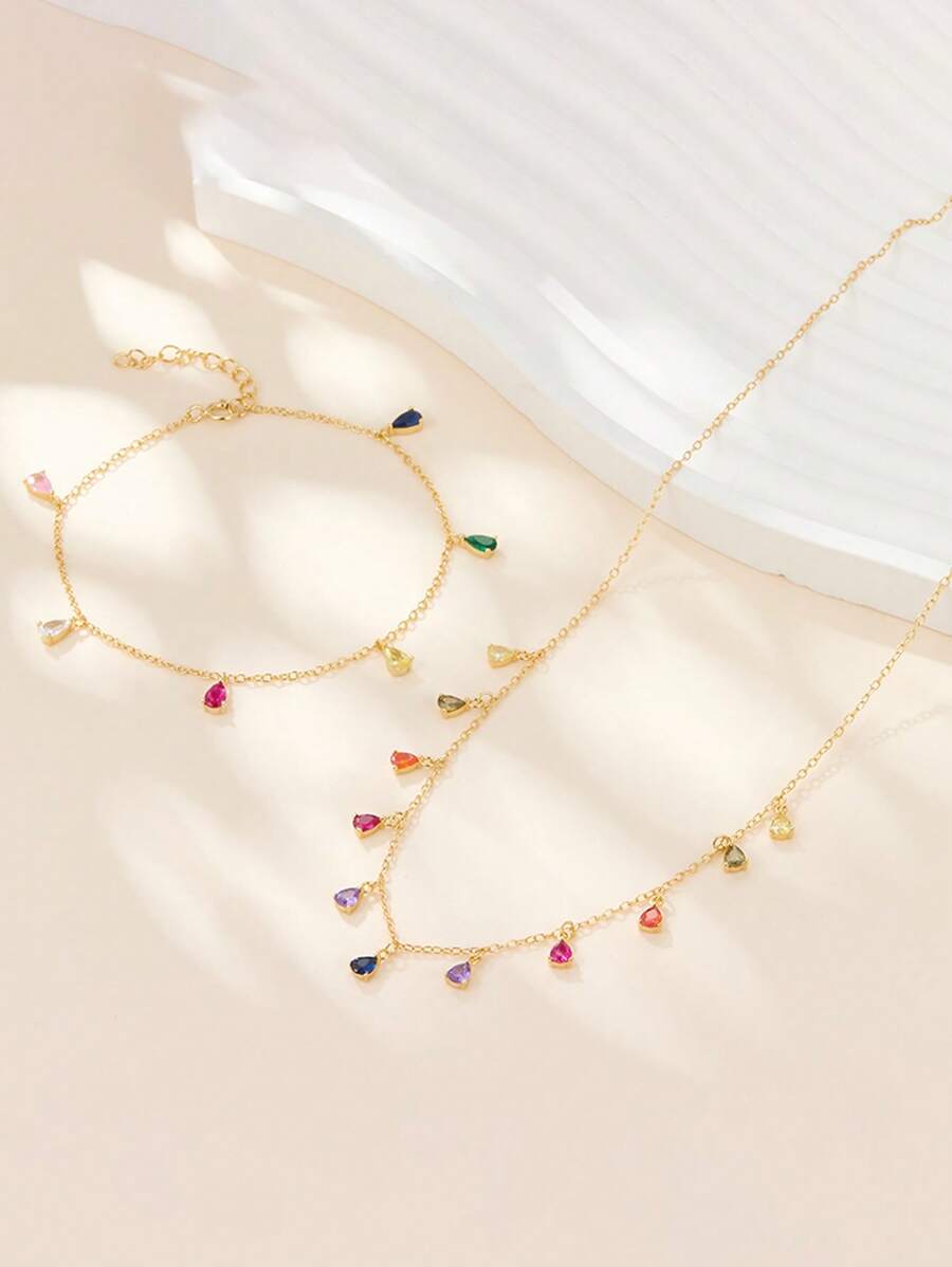 1 Pc S925 Sterling Silver Bracelet Necklace Artificial Zirconia Water Drop Geometric Shape, Fashionable And Elegant Bohemian Style Daily Wear Jewelry - Multicolor - View 1