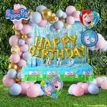 Hasbro Ensemble de 156 pièces de vaisselle et ballons Peppa Pig sous licence officielle. Comprend des assiettes, des tasses, des serviettes, des ballons, des sacs-cadeaux, des chapeaux de fête, des bannières, une nappe, des confettis et des autocollants. Décorations d'anniversaire thème rose