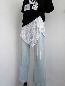 1pc Asymmetrical Yarn Skirt, Lace Elegant Yarn Skirt, Versatile Pinafore Dress Design