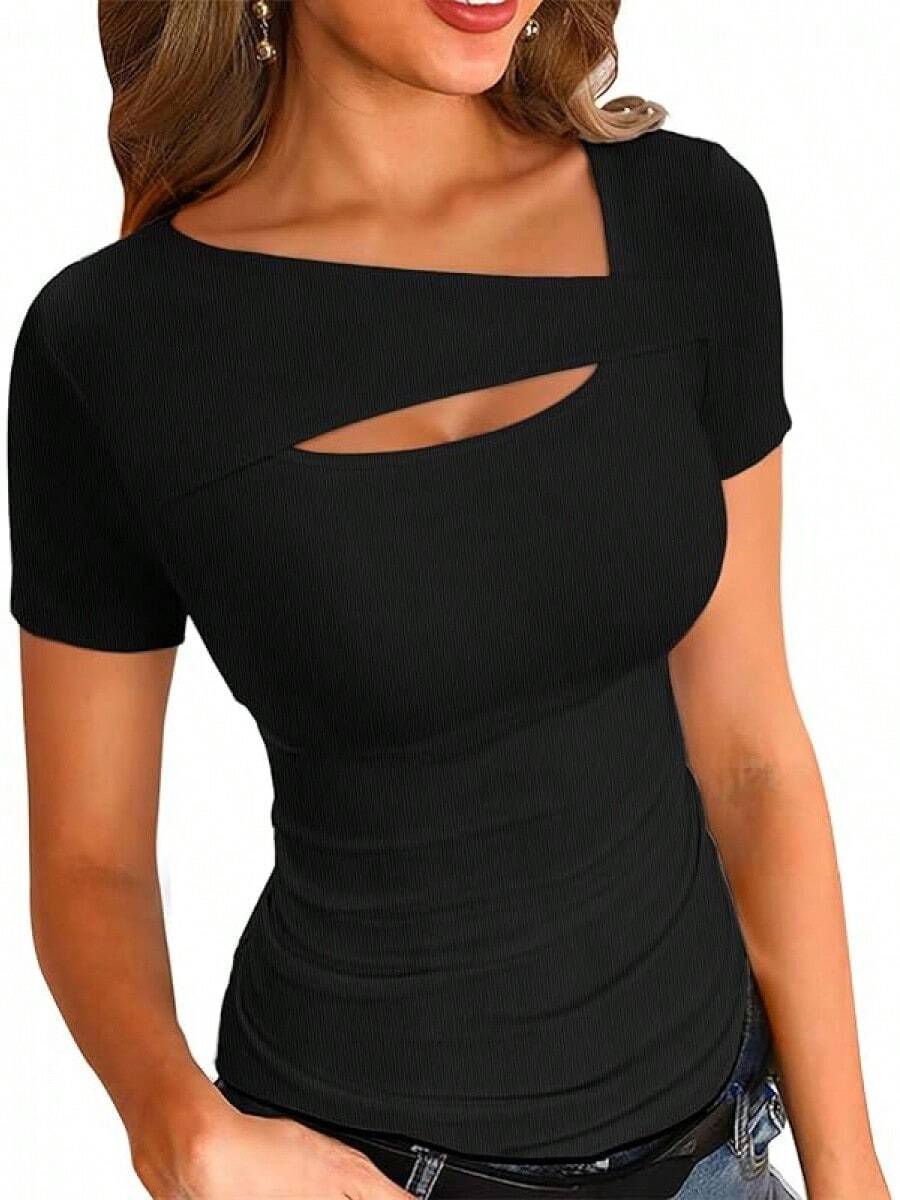 Womens Fashion Fall Cutout Long Sleeve Ribbed Slim Fitted Tops Shirts Tee Tshirts - Short-black - View 1