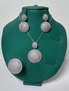 4pcs/Set Luxury Copper & Cubic Zirconia Leaf Design Necklace Set, Including Necklace, Earrings, Ring, Jewelry Suitable For Daily, Party, Banquet Wear, Great Gift - Gold - View 3