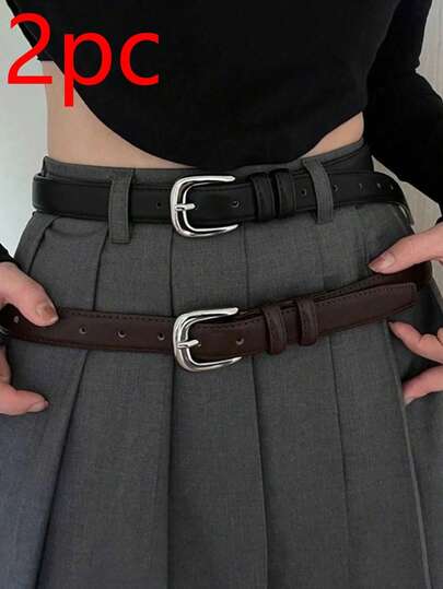 Set de 2 cinturones de cuero con hebilla minimalista de plata para mujeres, estilo casual y universitario, adecuado para faldas, cinturones para la cintura en verano, escuela, otoño, Halloween