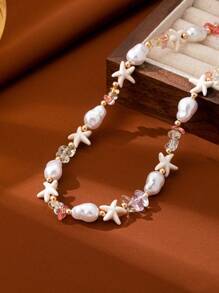 1pc Handmade Faux Pearl Starfish Choker Necklace With Colorful Beads, Fashion Jewelry For Women, Suitable For Daily Wear And Vacation, Random Color Beads