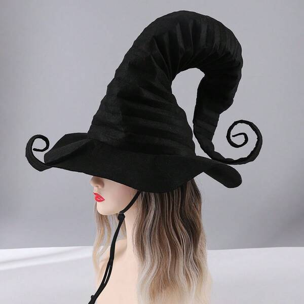 1pc Black Witch Hat With Adjustable Drawstring, Windproof, Suitable For Cosplay, Stage Performance, Halloween, Carnival Decoration, Fits All, Fashionable Gift For Friends And Family, Crinkle Design