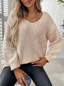 Plus Size Solid Color Crew Neck Casual Long Sleeve Knit Sweater, For Winter - Apricot - View 7