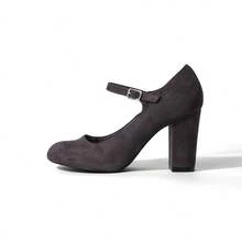 Women's White Wine Rose Gold Black Taupe Beige Grey Lipstick Natural Snake Mary Jane Pumps – Round Toe Ankle Strap Vintage Dress Heels [Size Up Half Size] - 灰色純素絨面革 - 查看 3