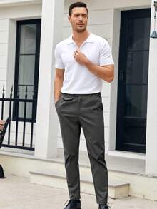 Runcati Mens Chinos Slim Fit Pants Flat Front Stretch Skinny Tapered Dress Pants Comfort Casual Solid Trousers - 深灰色 - 查看 2