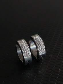 Luxury Unisex Silver Clip-On Hoop Earrings With 3 Rows Of Stones - 銀色 - 查看 3