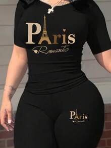 2 件套：休闲巴黎印花短袖圆领 T 恤和紧身裤，女款 - 黑色 - 查看 2
