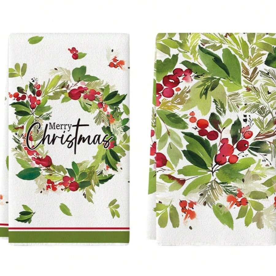 2 piezas Toalla de cocina y de lavar platos con diseño de bayas de acebo y corona de hojas de Navidad de Artoid Mode, de 45.72x66.04cm. Decoración navideña para el hogar y la habitación