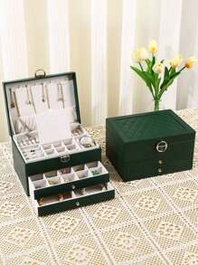 1件大容量三层珠宝盒，Pu皮革多功能珠宝盒，可上锁手表盒，便携式珠宝收纳盒，梳妆台带抽屉珠宝收纳盒，礼品皮革首饰盒，收纳盒，戒指耳环项链收纳盒