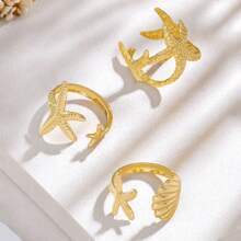 3pcs Metal Fashion Ocean Series Ring Set, Shell & Starfish, Adjustable, Women Summer Beach Jewelry