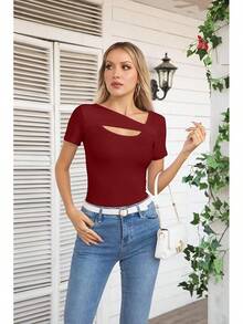 Womens Fashion Fall Cutout Long Sleeve Ribbed Slim Fitted Tops Shirts Tee Tshirts - Short-wine Red - View 2