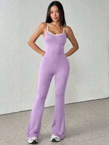 一件式无袖纯色薄款吊带撞色紧身连体裤阔腿喇叭休闲性感露背连体裤塑身连体裤夏季 - 淡紫色 - 查看 3