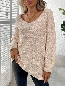 Plus Size Solid Color Crew Neck Casual Long Sleeve Knit Sweater, For Winter - Apricot - View 4