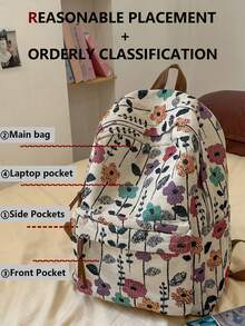 Floral Pattern Nylon Backpack, Fits 15.6" Laptop, Multi-Pocket Lightweight Bookbag, Multifunctional Daypack, Large Capacity Travel Bag, Convenient Commuter Bag, Suitable For Students, Middle/High Schoolers, Nurses, Teachers, Business Professionals, Travel, Commute, Shopping, Office, Dating, Hiking, Training, Work, Birthday/Holiday Gift, Backpack