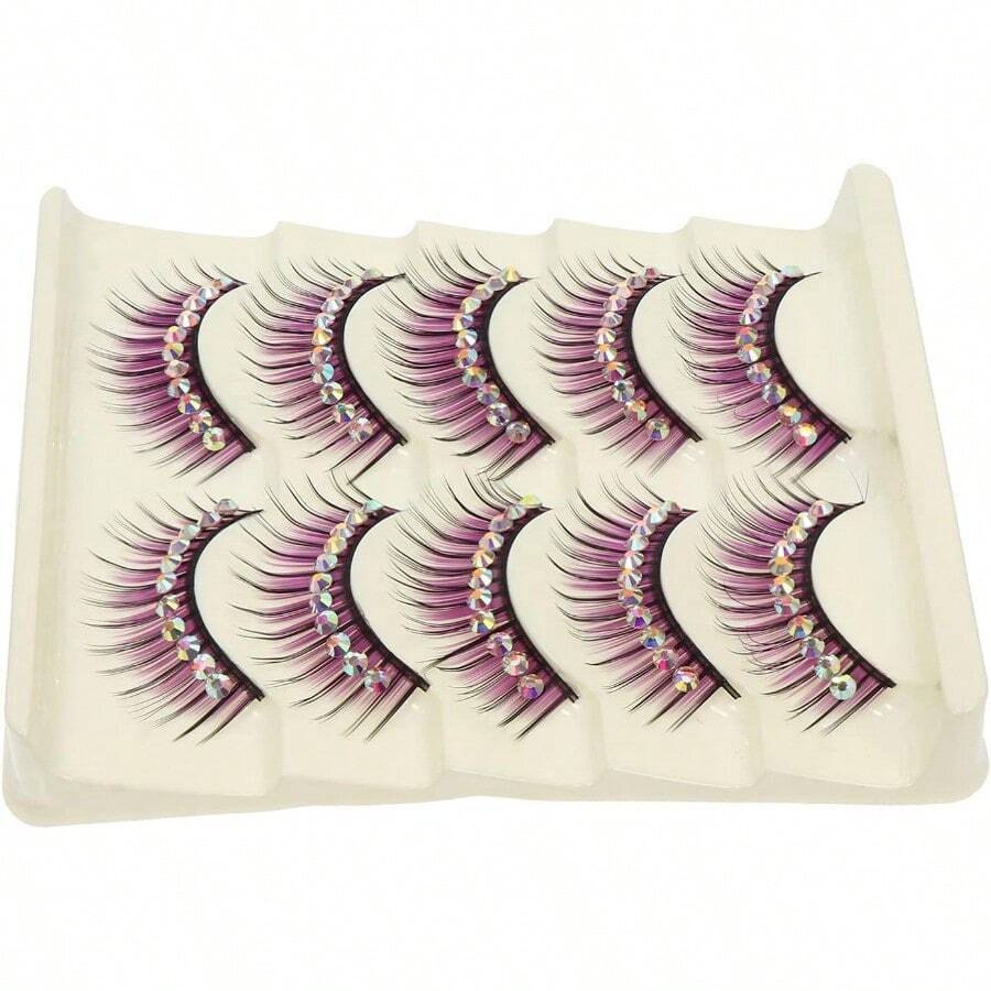 GAO5 Pairs Diamond False Eyelashes Faux Lashes Fake Lashes Eyeliner Sticker Fluffy Eyelashes Colored Self Miss With Diamond Makeup Tools Chemical Fiber Hard Stem Purple4023 - Purple - View 1