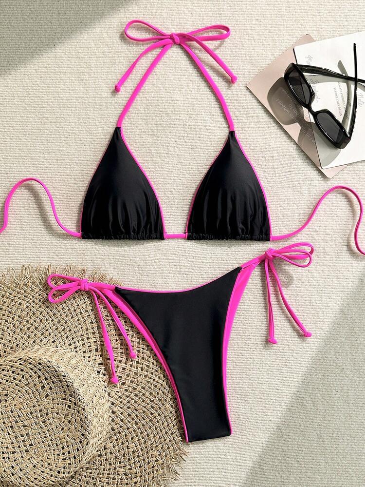 2 pièces/Set Bikini femme à imprimé léopard avec bretelles spaghetti sexy, convient pour les vacances à la plage et le port pour Halloween, Été 2025 - Brocart rouge rose noire - Voir 2