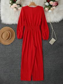 女士休闲V领灯笼袖百褶腰宽松阔腿连体裤，春秋季 - 紅色 - 查看 4